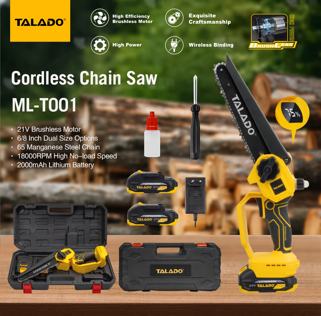 適用於便攜式戶外切割任務的 21V 充電式鏈鋸 ML-T001